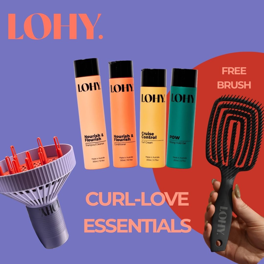 Curl-Love Essentials Bundle, with shampoo, conditioner, cruise control curl cream, POW Strong Hold gel, LOHY universal diffuser, and includes a free brush,