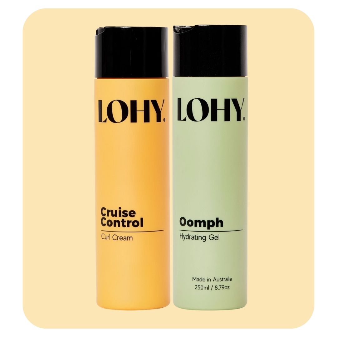 lohy cruise control curl cream and oomph hydrating gel 250ml bottles on a pastel yellow background