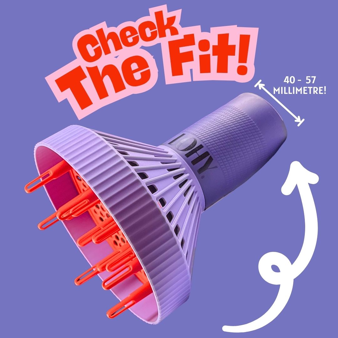 LOHY curl flow universal diffuser fits nozzles 40-57 millimetre in diameter, purple background and purple diffuser