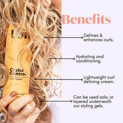 Benefits of using cruise control curl cream written over blond curls