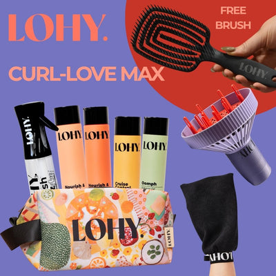 Curl-Love MAX Bundle, with shampoo, conditioner, cruise control curl cream, oomph hydrating gel, LOHY tote, LOHY universal diffuser, Refresh Spritz spray bottle, Curl Glove Towel, and includes a free brush,