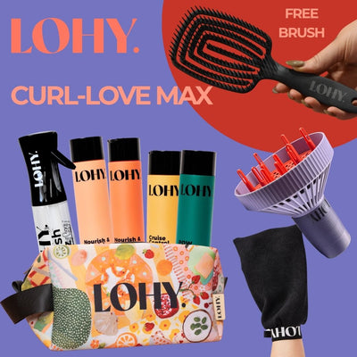 Curl-Love MAX Bundle, with shampoo, conditioner, cruise control curl cream, POW Strong Hold gel, LOHY tote, LOHY universal diffuser, Refresh Spritz spray bottle, Curl Glove Towel, and includes a free brush,