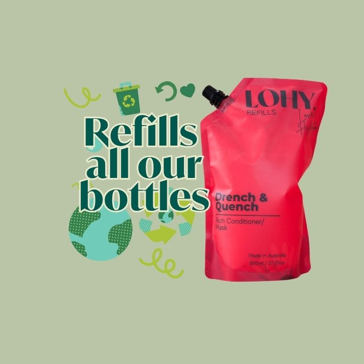 LOHY. drench & quench red refill bottle with recycle icons, and text saying "Refills all our bottles"