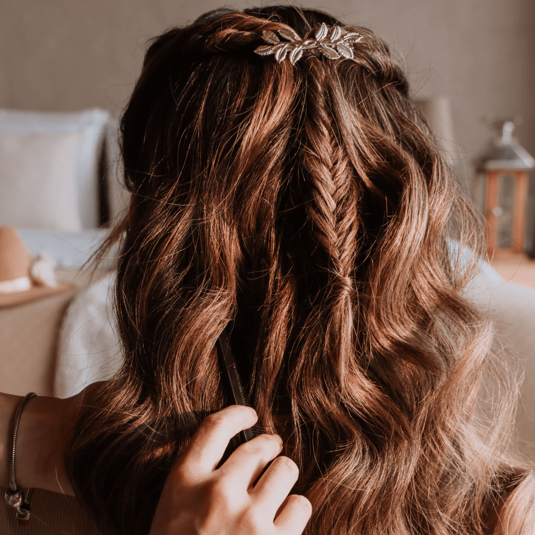 woman with mid length wavy brunette hair