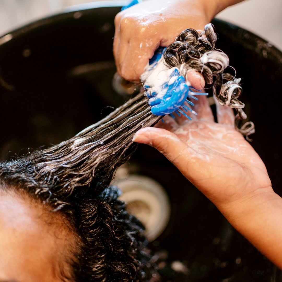 woman, hair brushing, short curly hair, shampoo hair